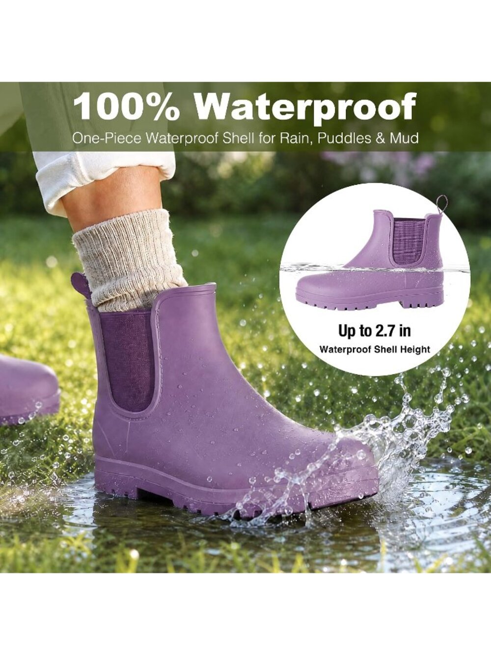Women's Violet Waterproof Chelsea Non-Slip Matte Rubber Lightweight Rain Boots - Picture 4 of 6